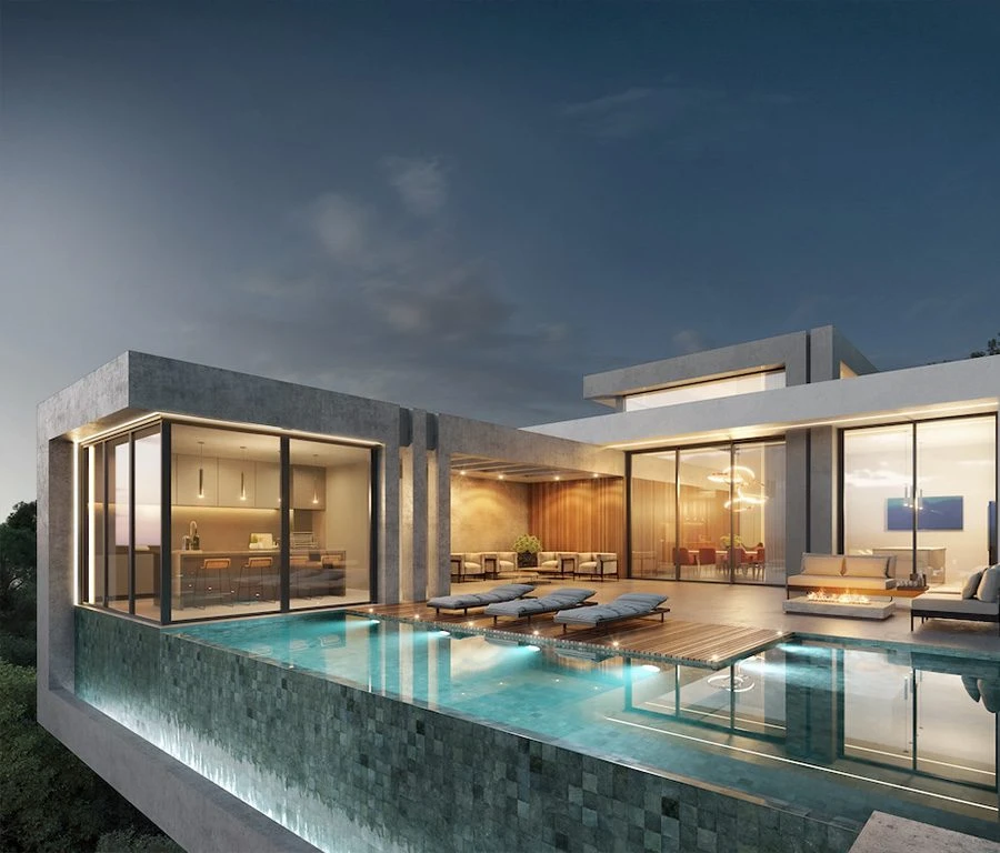 Vista entrada casa com piscina